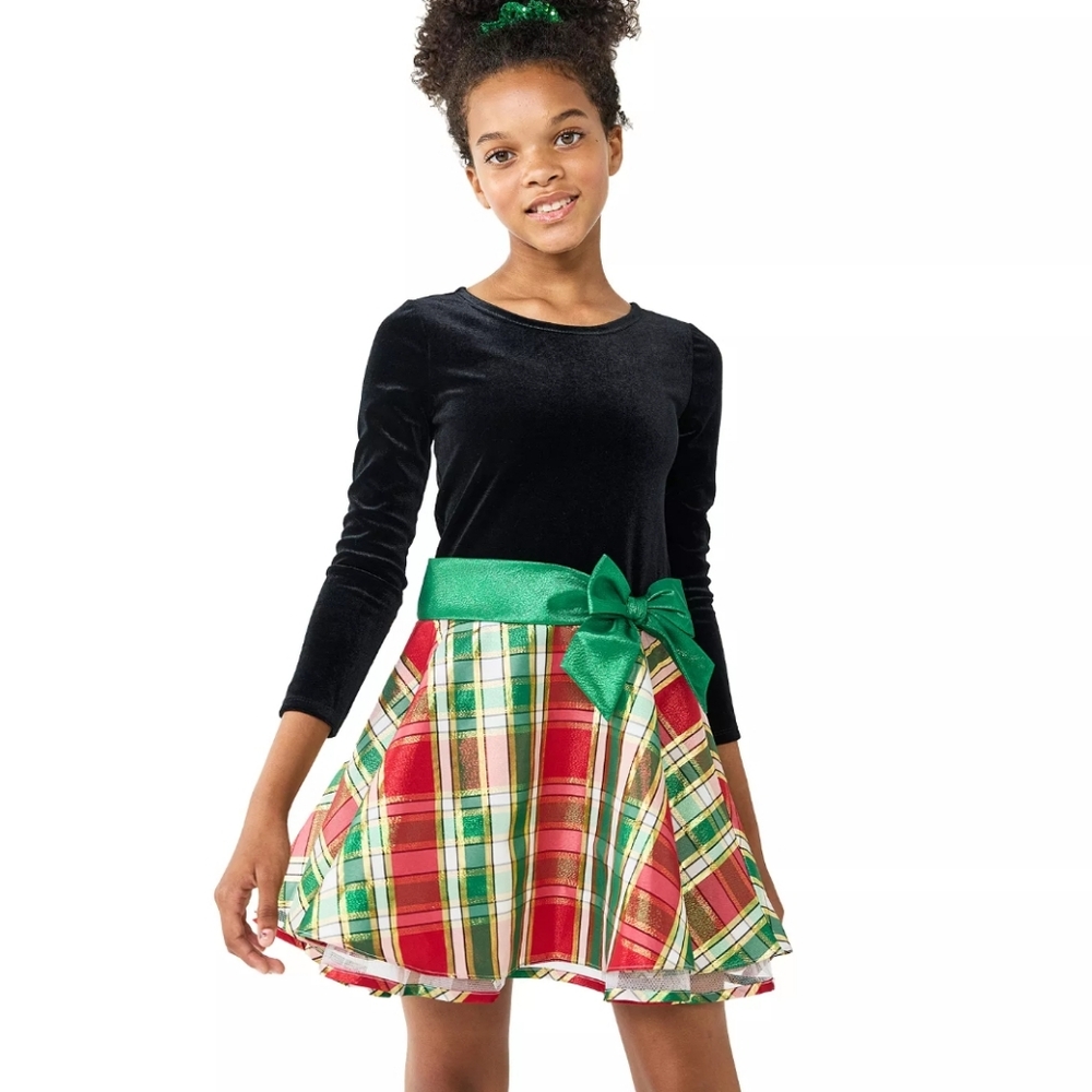 Bonnie Jean Velvet & Plaid Holiday Girl Dress Long Sleeve Size 5